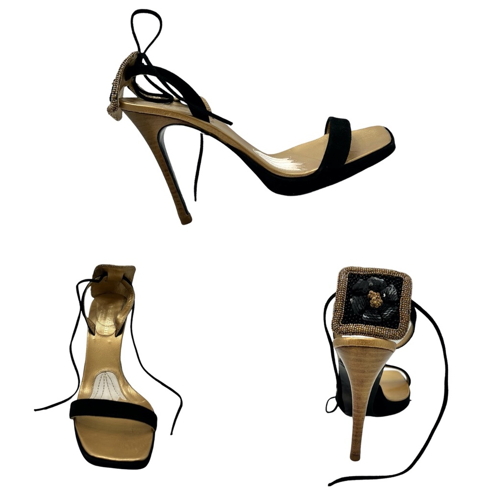 STEPHANE KELIAN BLACK SUEDE STRAPPY SANDAL STILETTO W BLACK & GOLD SEQUIN DETAIL